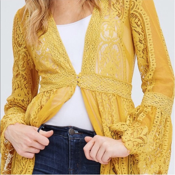 Mustard Long Lace Duster Cardigan, Kimono - Picture 5 of 5